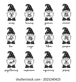 Cute gnomes with zodiac signs. Set of funny astrological zodiac symbols. Vector horoscope icon. Monochrome silhouettes.