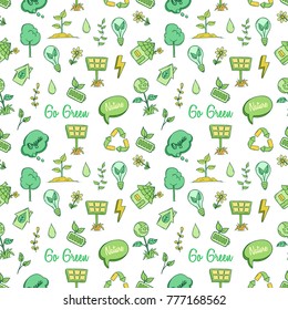 cute go green icons concept in seamless pattern with doodle style on white background