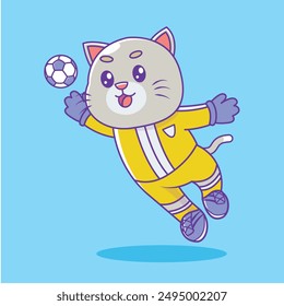 cute goalkeeper cat jumps to catch the ball