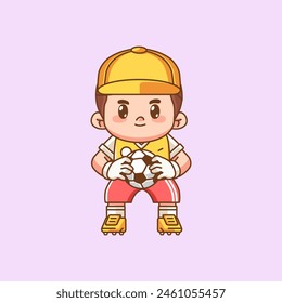 Cute goalkeeper catch ball kawaii chibi character mascot illustration outline style design set