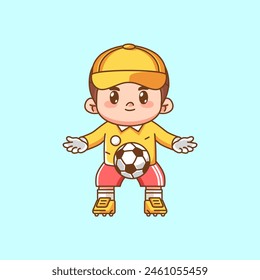 Cute goalkeeper soccer kawaii chibi character mascot illustration outline style design set