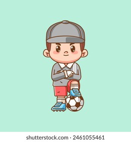 Cute goalkeeper soccer pose kawaii chibi character mascot illustration outline style design set