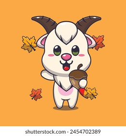 Cute goat with acorns at autumn season. Mascot cartoon vector illustration suitable for poster, brochure, web, mascot, sticker, logo and icon.