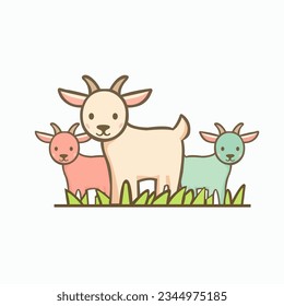 Cute goat animals grazing on a farm meadow icon. Isolated vector illustration.