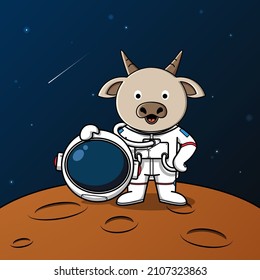 Cute goat astronaut standing on the moon illustration