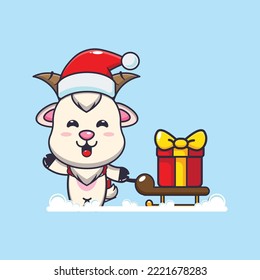 Cute goat carrying christmas gift box. Cute christmas cartoon illustration. 