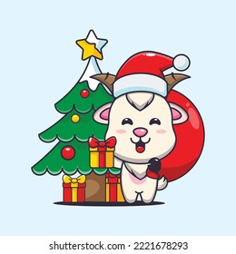 Cute goat carrying christmas gift. Cute christmas cartoon illustration.