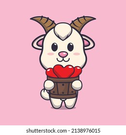 cute goat cartoon character holding love in wood bucket