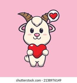 cute goat cartoon character holding love heart