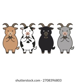 Nette Ziege Cartoon-Set Vektorgrafik. Glückliche Tierfiguren, die einzeln auf weißem Hintergrund stehen. Lustige Säugetier-Maskottchen für Kinder.