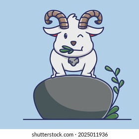 cute goat cartoon standing on giant stone eating a grass leaf.Animal Isolated Flat Style Sticker Web Design Icon illustration Premium Vector Logo mascot character object