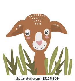 
Cute goat cartoon vector illustration. Little lamb hand drawn character in leaves. Scandinavian style brown fawn deer animal for poster, card, t-shirt, kids room interior on white background