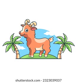 cute goat cartoon.coconut tree.vector illustration cute baby animal on white background