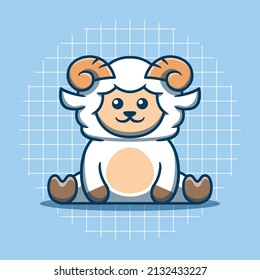 Cute goat character sitting vector illustration. Flat cartoon style. Goat isolated on a blue background.