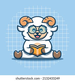 Cute goat character wearing glasses reading a book vector illustration. Flat cartoon style. Goat isolated on a blue background.