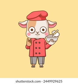 Cute goat chef cook serve food animal chibi character mascot icon flat line art style illustration concept cartoon set