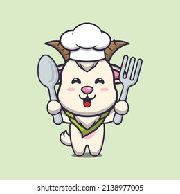 cute goat chef mascot cartoon character holding spoon and fork 