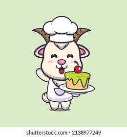 cute goat chef mascot cartoon character with cake