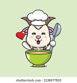 cute goat chef mascot cartoon character with soup