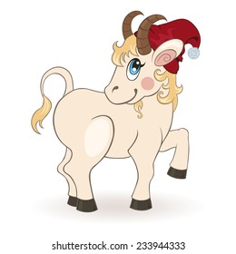 Cute goat in Christmas cap. Vector illustration