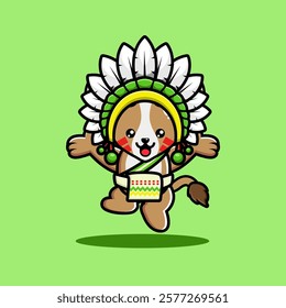 A cute goat in a colorful headdress and sash, jumping joyfully on a green background.