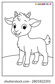 Cute goat coloring page vector template featuring a happy cartoon baby goat standing with small horns in an outline style for children activity book.