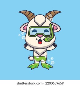 Cute goat diving cartoon mascot character illustration.