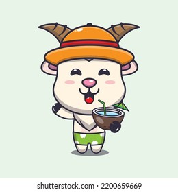 Cute goat drink coconut cartoon illustration.