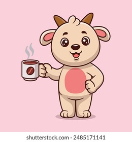 Cute goat drinking coffee cartoon icon illustration. Animal drink icon concept isolated flat cartoon style