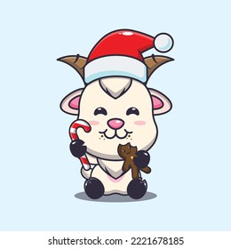 Cute goat eating christmas cookies and candy. Cute christmas cartoon illustration. 