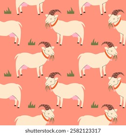 Cute goat eating grass seamless pattern