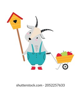 Cute Goat as Farm Animal on Ranch with Wheelbarrow Full of Apples Vector Illustration