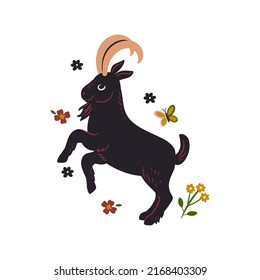 Cute goat and flowers isolated on white background. Vector graphics.