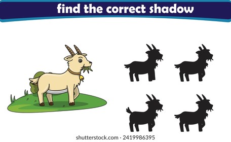 Cabra linda. encontró la sombra correcta. Juegos de educación infantil. Ilustración vectorial de dibujos animados	