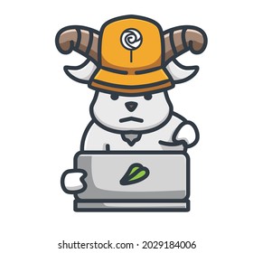 cute goat hacker working on laptop for a money. Animal cartoon Isolated Flat Style Sticker Web Design Icon illustration Premium Vector Logo mascot character