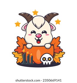 Cute goat in halloween pumpkin. Cute halloween cartoon illustration. 