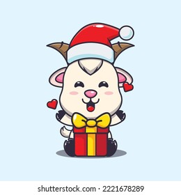 Cute goat happy with christmas gift. Cute christmas cartoon illustration. 