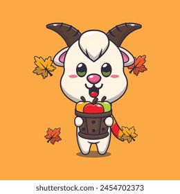Cute goat holding a apple in wood bucket. Mascot cartoon vector illustration suitable for poster, brochure, web, mascot, sticker, logo and icon.