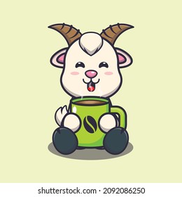 Cute goat with hot coffee. Cute cartoon animal illustration.
