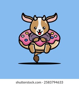 Cute goat hug big doughnut cartoon