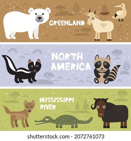 Cute Goat Ibex crocodile alligator polar bear raccoon bison wolf skunk gannet, kids background North America animals Greenland Mississippi River brown beige green violet horizontal card banner. Vector