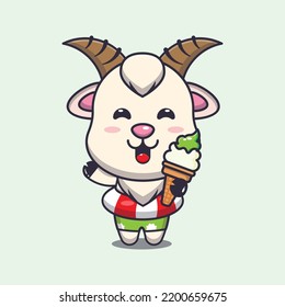 Cute goat with ice cream on beach cartoon illustration.