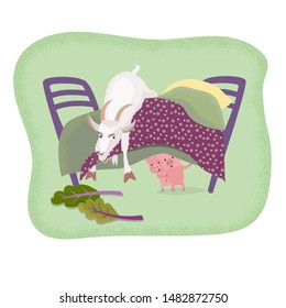  Cute  goat lies on the bed, chews a bedspread, two pigs look at a goat.Cartoon kids vector illustration in flat style with texture.