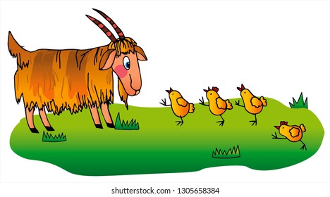 Cute goat is looking at 4 little chicks. Colored vector for card or gift.