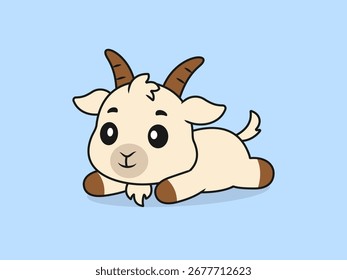 Linda cabra acostada Pose - Ilustración de dibujos animados de Vector plano de un personaje de cabra.