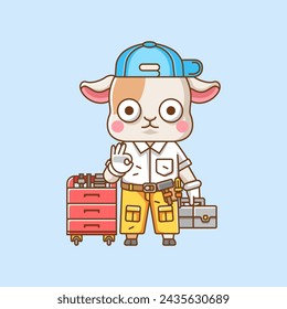 Cute goat  mechanic with tool at workshop cartoon animal character mascot icon flat style illustration concept set