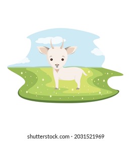 Cabra fina sobre el fondo de los campos verdes. Un animal de granja en un estilo de dibujos animados.