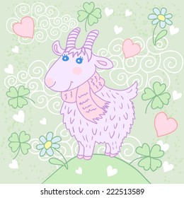 Cute goat on a meadow. Greeting card with hearts, clover and flowers