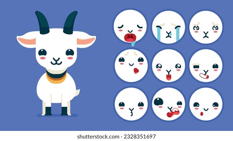 Cabra linda, un conjunto de emociones animales, cabra pequeña con la coloración de los emojis, durmiendo, llorando, triste, aburrida, feliz, emocionada, adorable, sorprendida, descuidada, segura, aterrada, atónita, avatar del Vector Flat