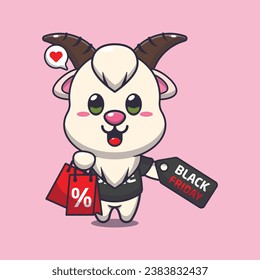 cute goat with shopping bag and black friday sale discount cartoon vector illustration